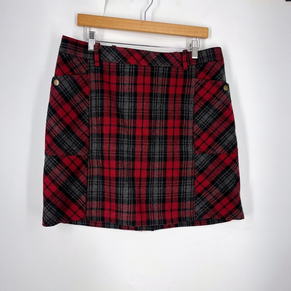 Eddie Bauer Red Gray Plaid Mini Skirt Womens Wool Blend Lined‎ Pockets Zip SZ 12